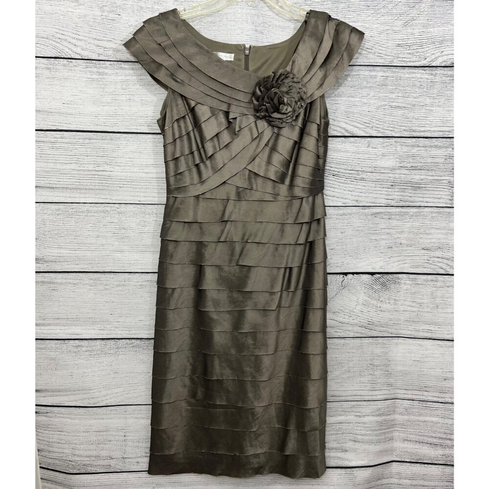 London Times Tiered Satin Sheath Dress With Flower Detail, Size 6